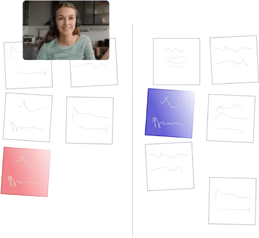 A woman is smiling in a small overlay photo in the top corner. Below, several sheets of paper with wave-like drawings are displayed
